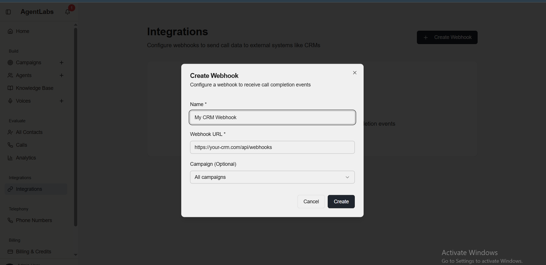 Create Webhook Modal