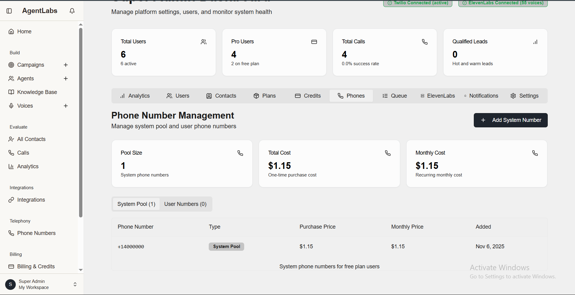 Super Admin Phone Number Management