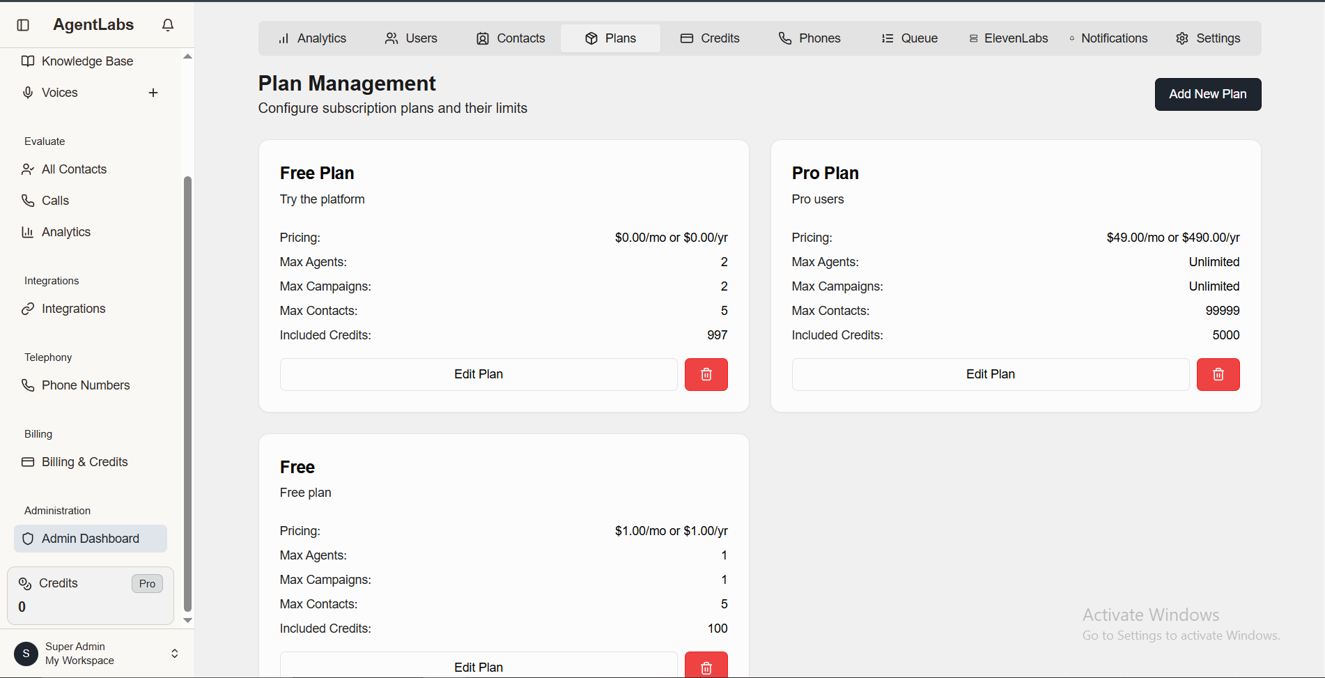 Super Admin Plan Management